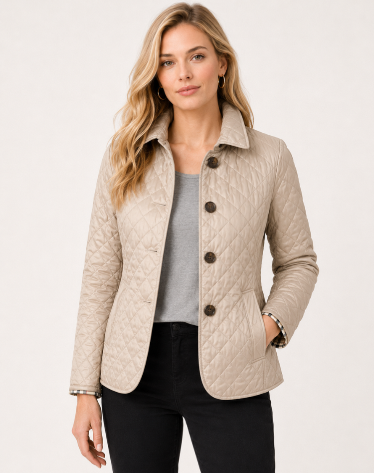 Women's diamond-quilted button-front jacket with collar and checked inner trim