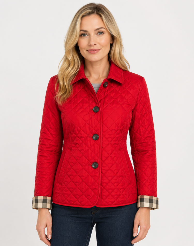 Women's diamond-quilted button-front jacket with collar and checked inner trim