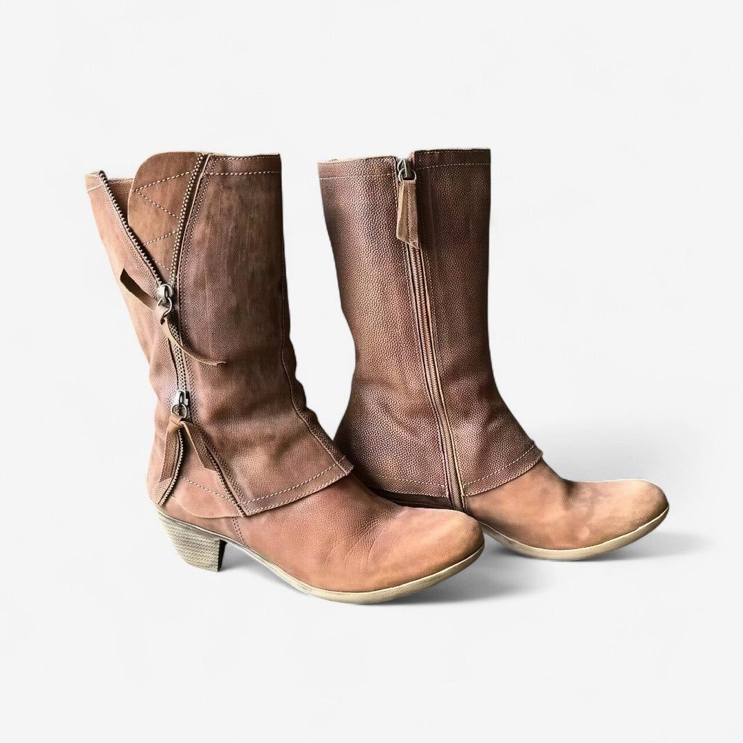 Women's brown tall boots with side zips, stitched panels and low heels