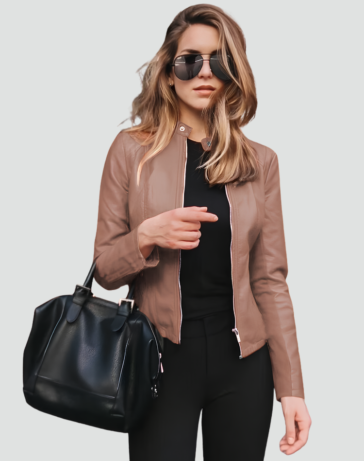 Women's short jacket with stand collar, long sleeves and front zip