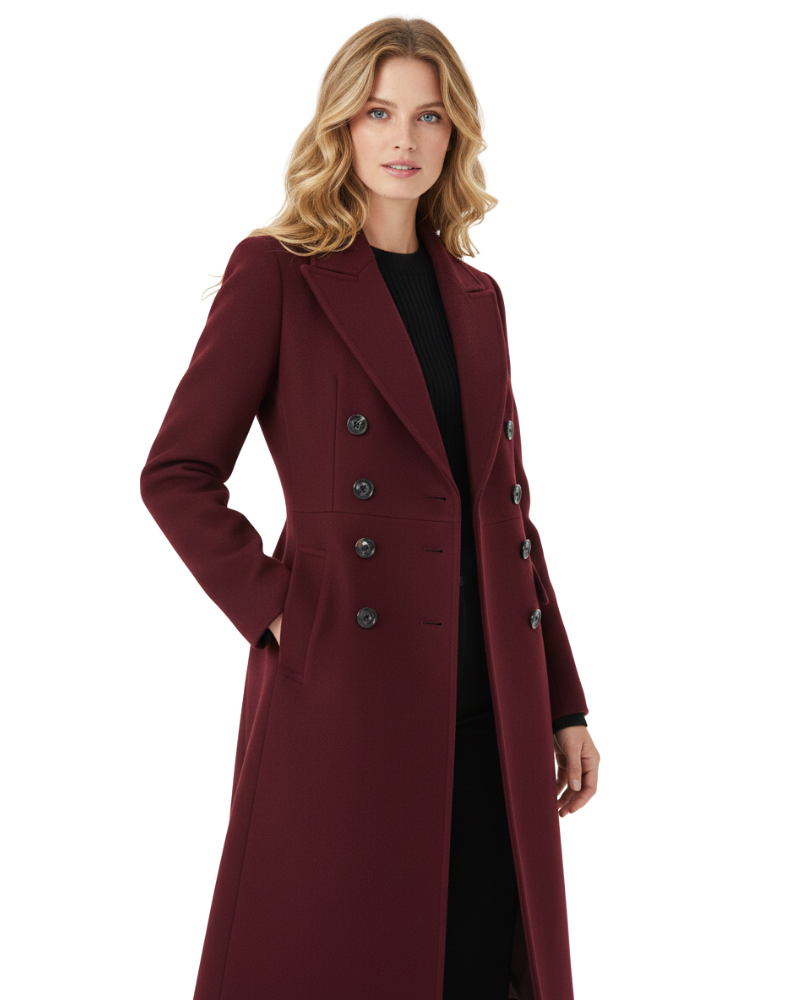 Women's deep red long double-breasted coat with notch lapels and slanted pockets