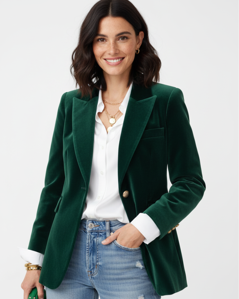 Women's velvet blazer with notched lapels and single-button front
