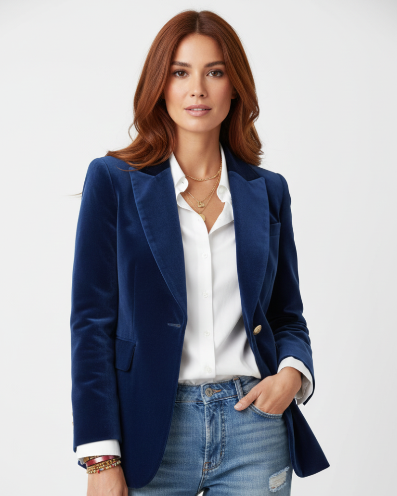 Women's velvet blazer with notched lapels and single-button front