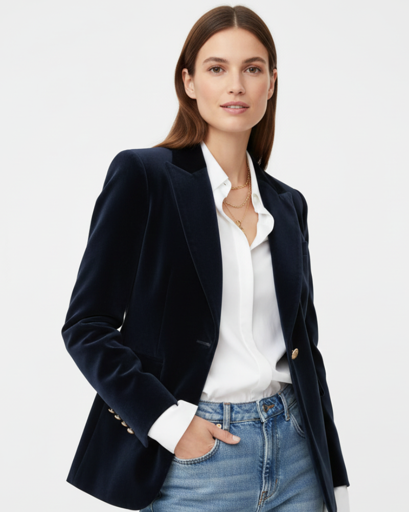 Women's velvet blazer with notched lapels and single-button front