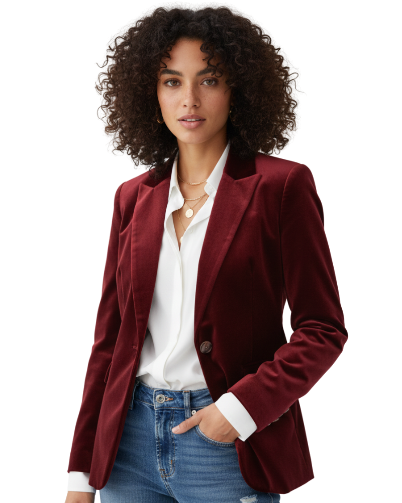Women's velvet blazer with notched lapels and single-button front