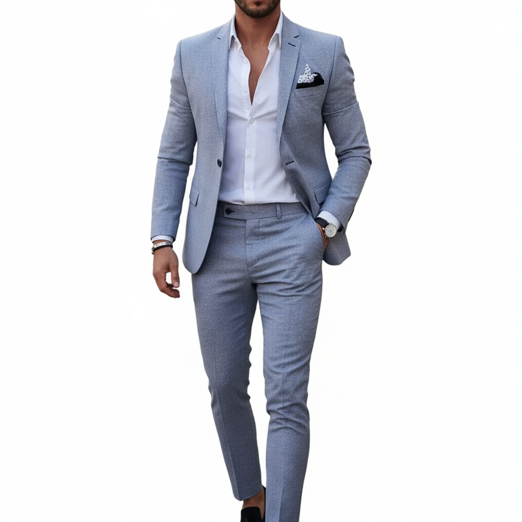Men's tailored textured suit with notch lapel, long sleeves and matching trousers