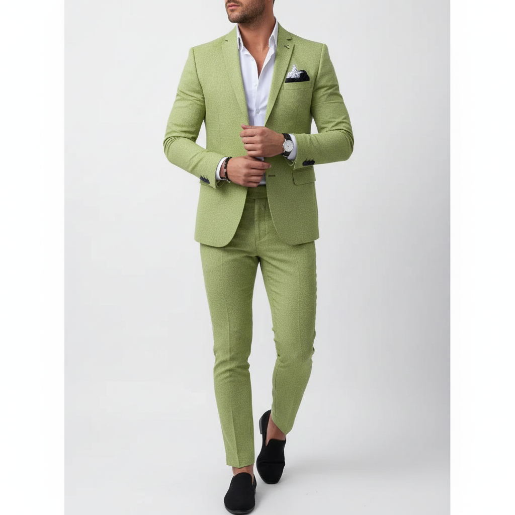Men's tailored textured suit with notch lapel, long sleeves and matching trousers