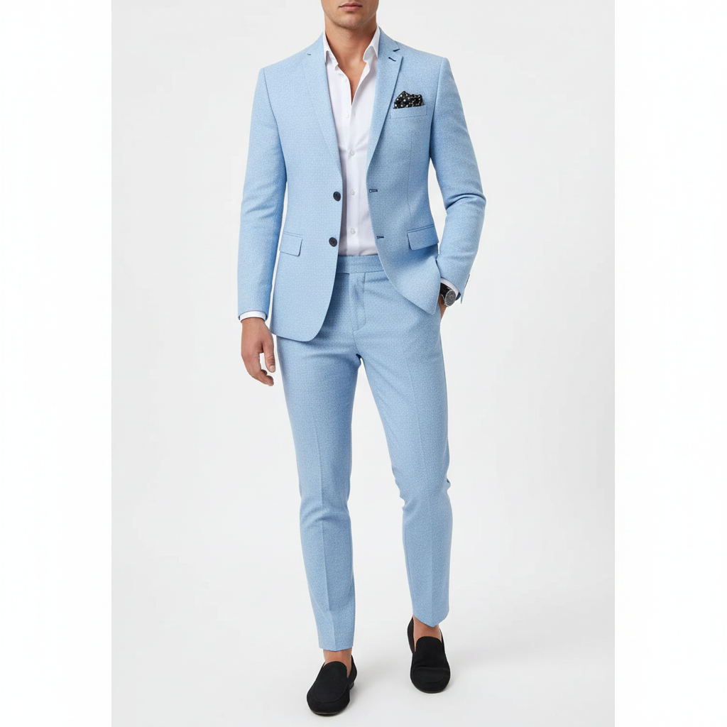 Men's tailored textured suit with notch lapel, long sleeves and matching trousers