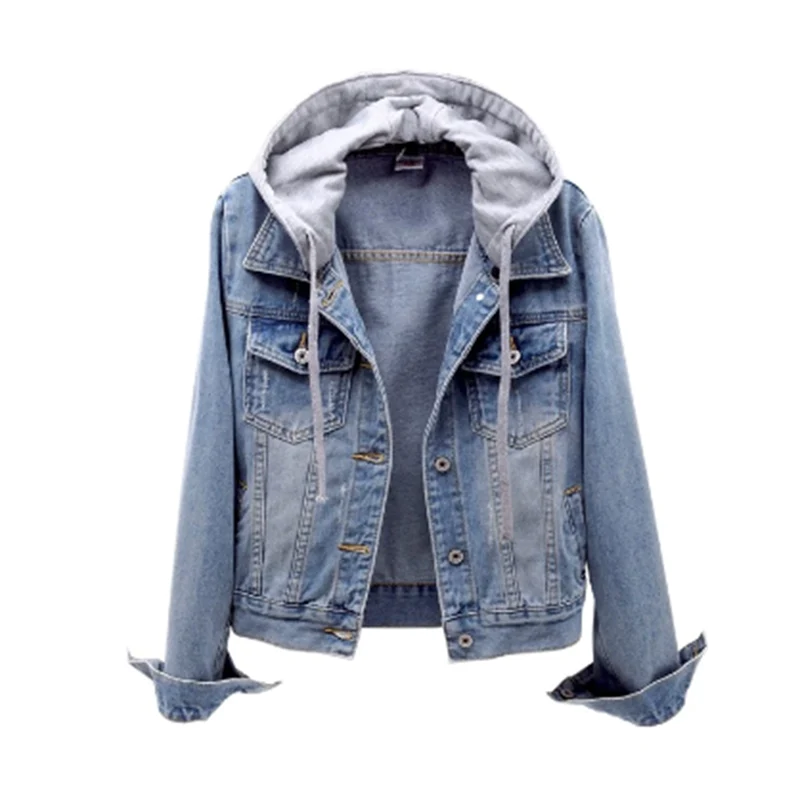 Women's hooded denim jacket with long sleeves, button front and chest pockets