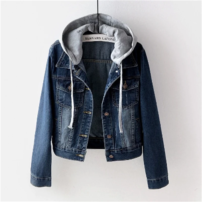 Women's hooded denim jacket with long sleeves, button front and chest pockets