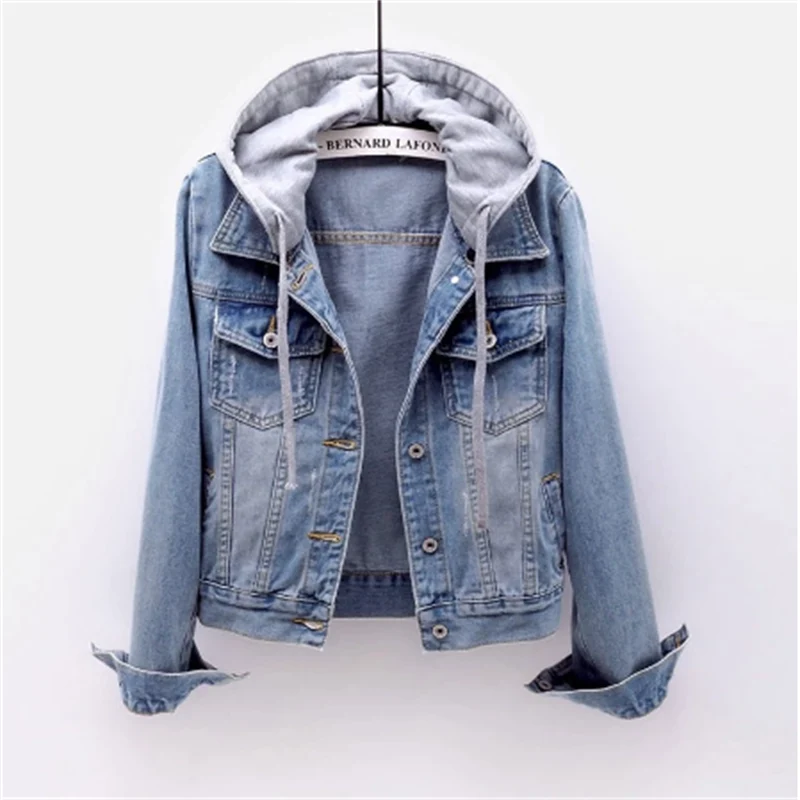 Women's hooded denim jacket with long sleeves, button front and chest pockets