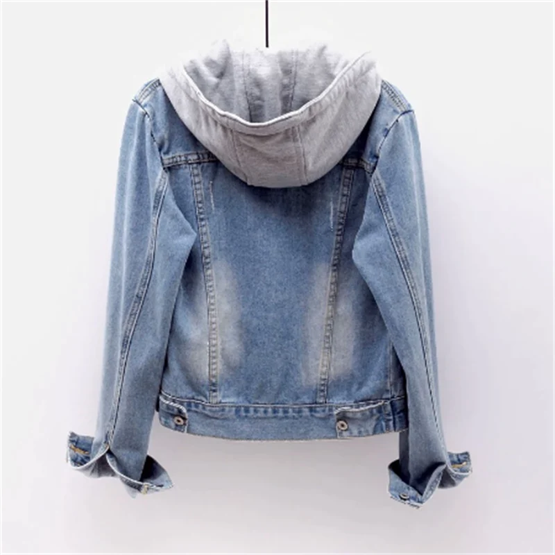 Women's hooded denim jacket with long sleeves, button front and chest pockets