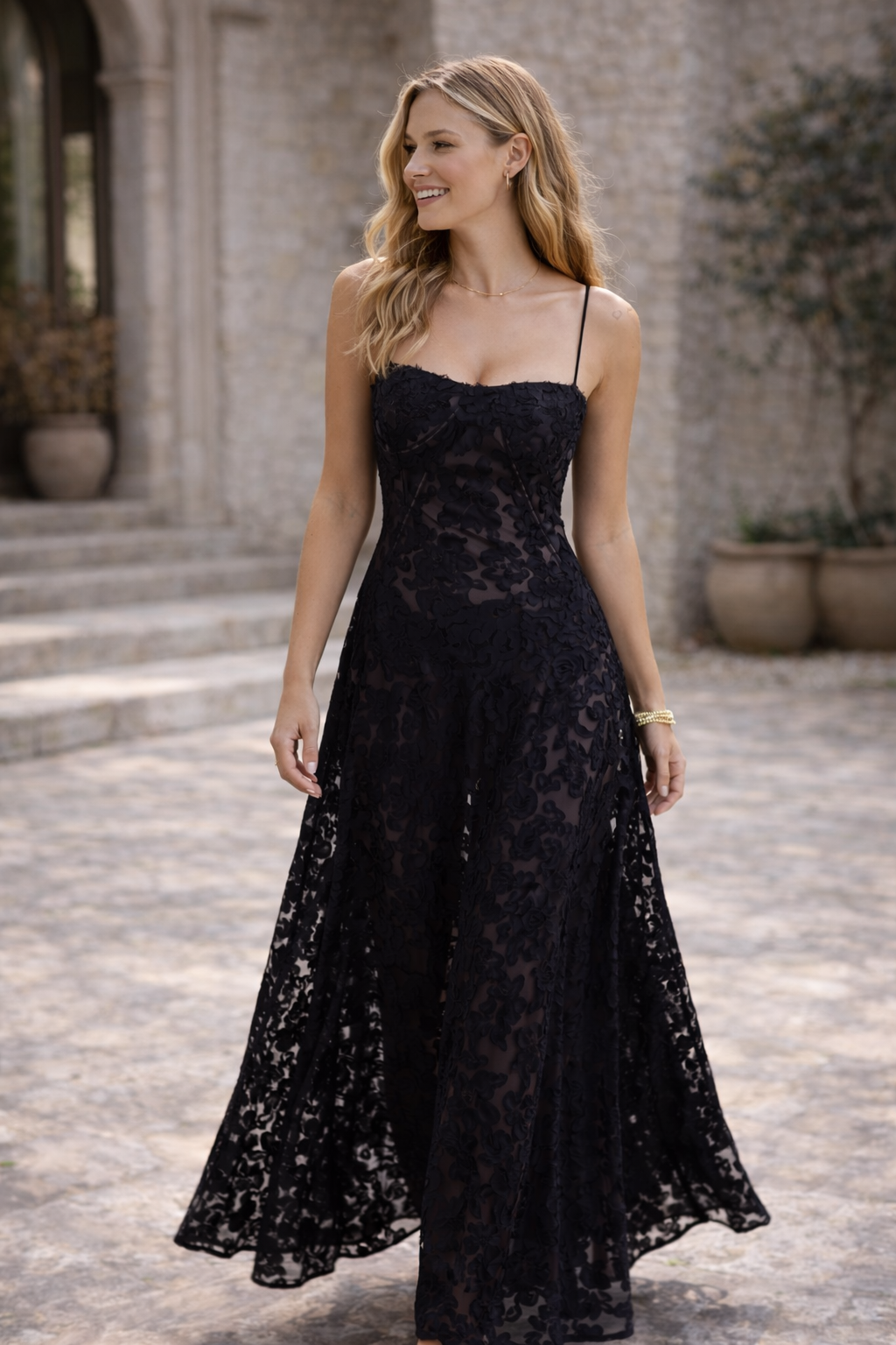 Women’s Floral Jacquard Maxi Dress with Corset Back