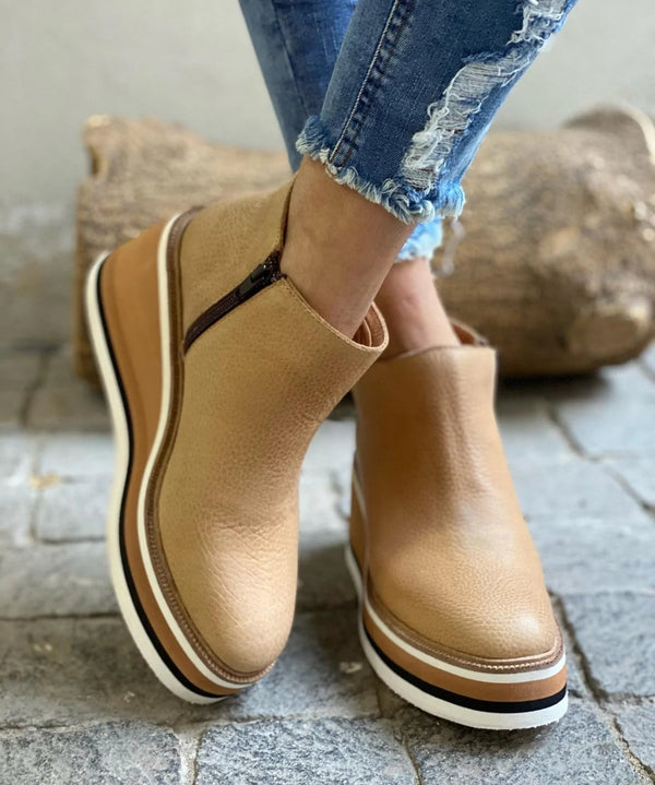 Women's ankle boots with rounded toes, side zips and raised wedge-style soles