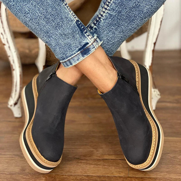 Women's ankle boots with rounded toes, side zips and raised wedge-style soles