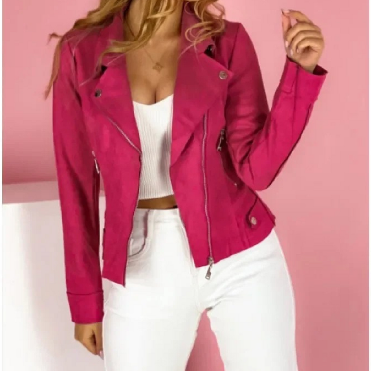 Women's biker jacket with notched lapels, long sleeves and angled zip fastening