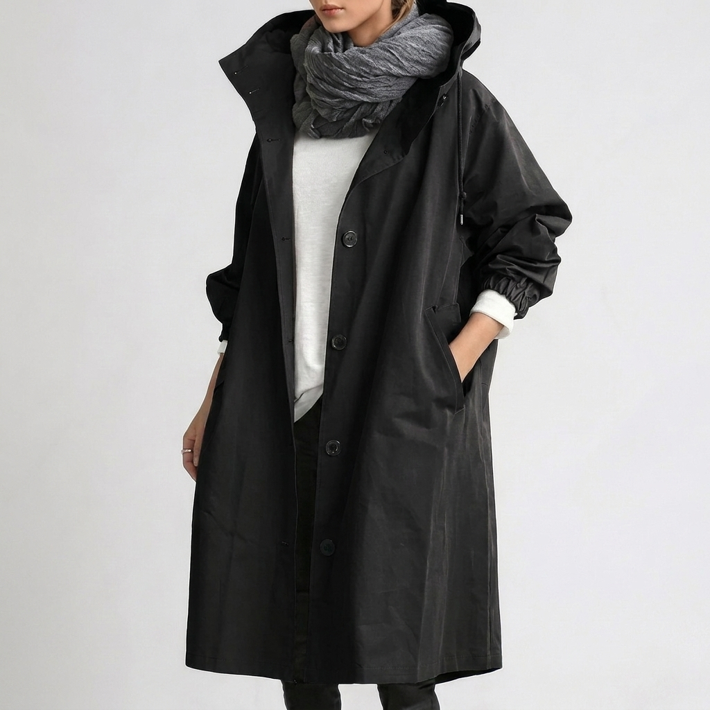Women's hooded longline trench coat with button front and gathered cuffs