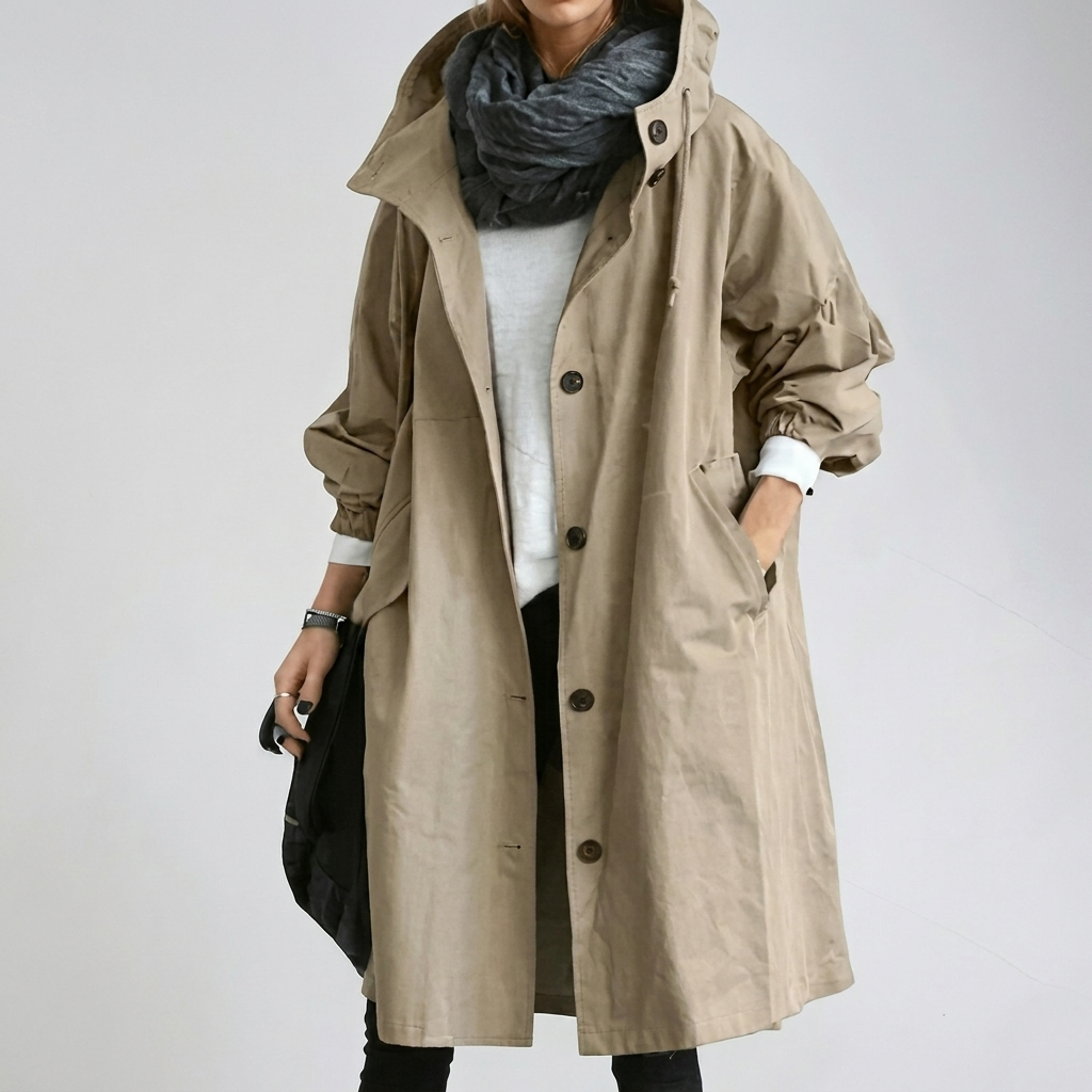 Women's hooded longline trench coat with button front and gathered cuffs