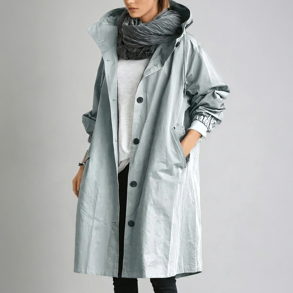 Women's hooded longline trench coat with button front and gathered cuffs