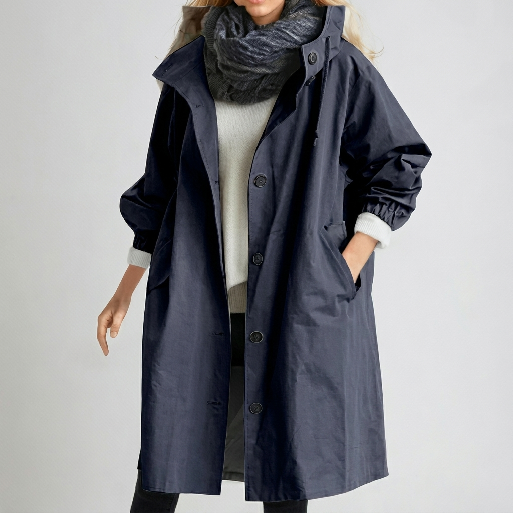 Women's hooded longline trench coat with button front and gathered cuffs