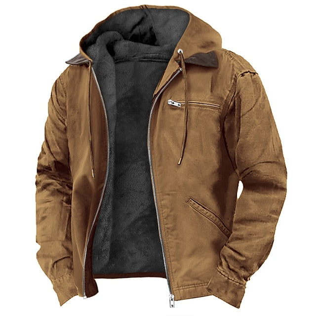 Men's hooded utility jacket with zip front and multiple pockets