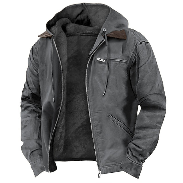 Men's hooded utility jacket with zip front and multiple pockets