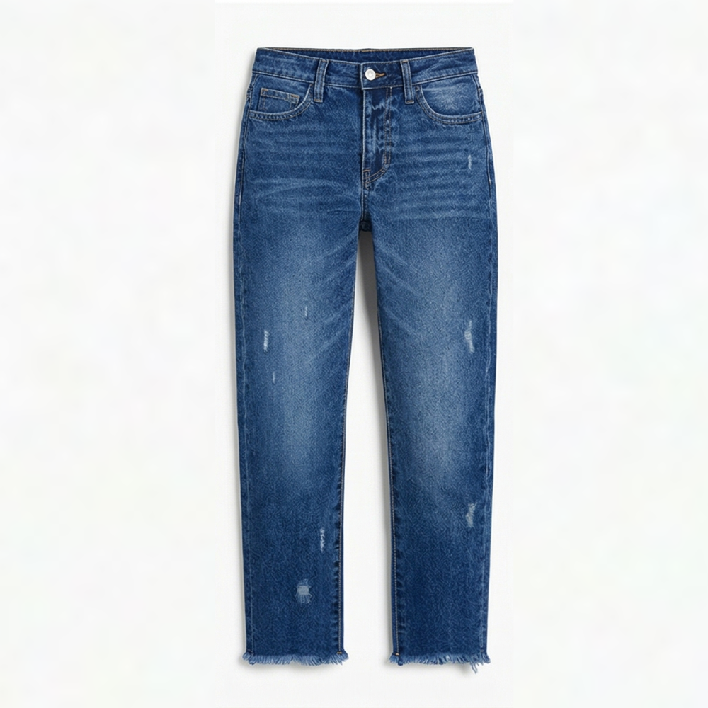Women's cropped straight leg jeans with faded detailing and frayed hems