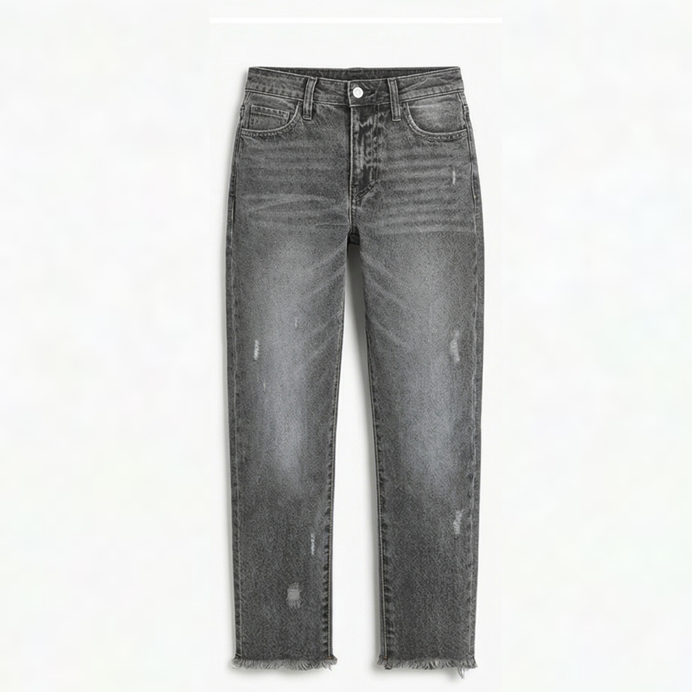 Women's cropped straight leg jeans with faded detailing and frayed hems