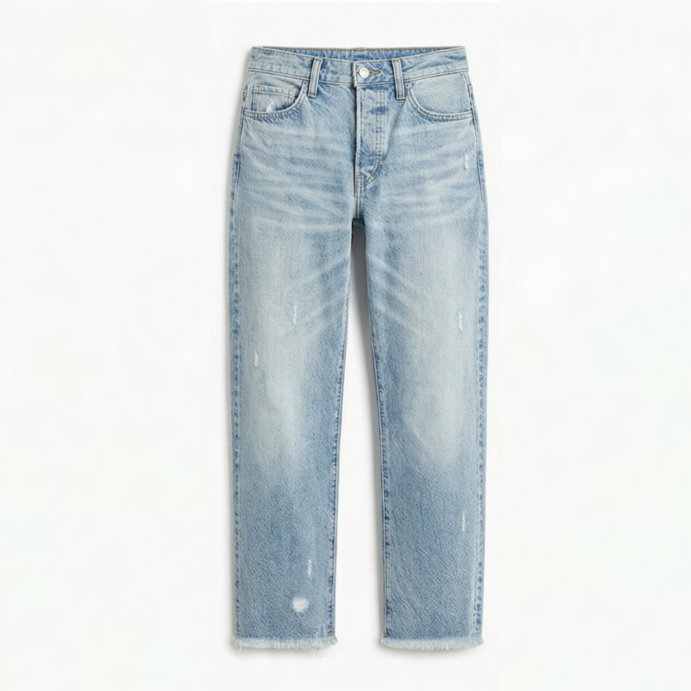 Women's cropped straight leg jeans with faded detailing and frayed hems