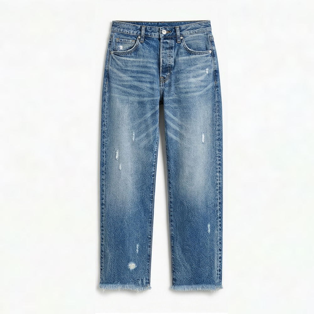 Women's cropped straight leg jeans with faded detailing and frayed hems