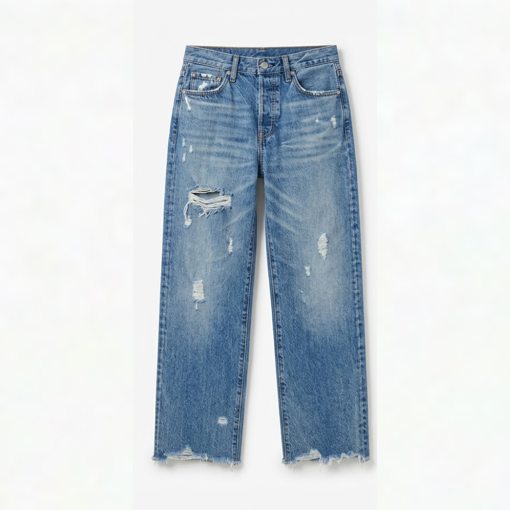 Women's cropped straight leg jeans with faded detailing and frayed hems