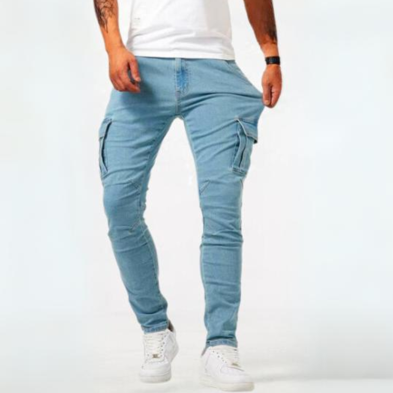 Men's slim tapered cargo jeans with multiple utility pockets and gathered legs