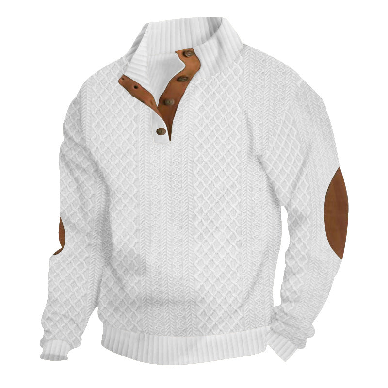 Men's Jumper Cable-Knit Stand Collar Elbow Patch - White