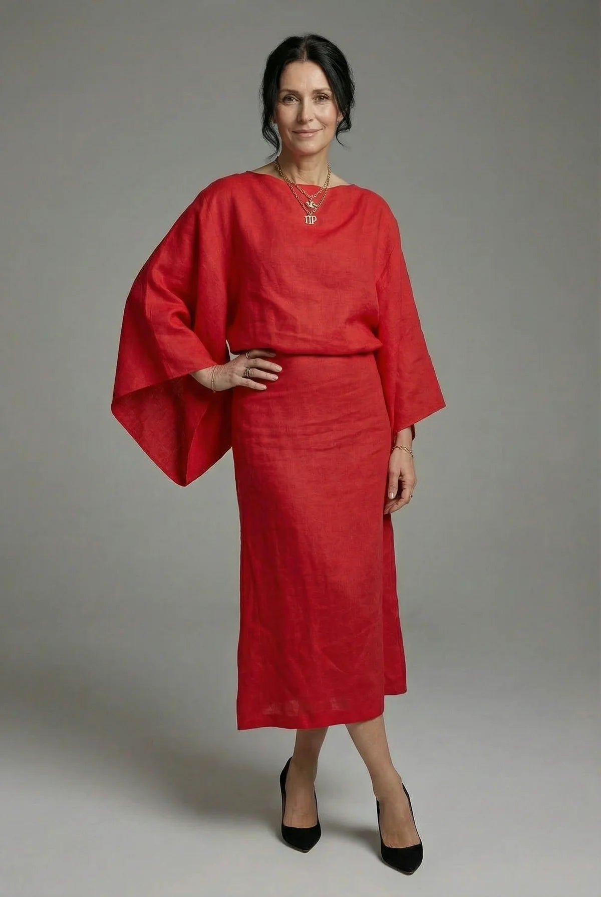 Women’s Kimono Sleeve Tie Waist Midi Dress