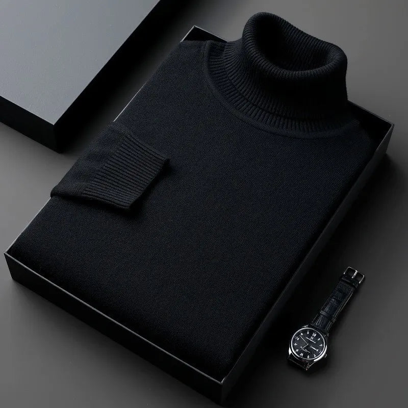 Men's roll neck sweater with ribbed collar and cuffs folded in a presentation box