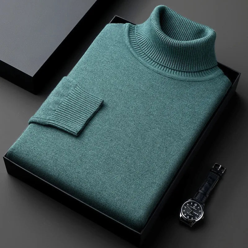 Men's roll neck sweater with ribbed collar and cuffs folded in a presentation box
