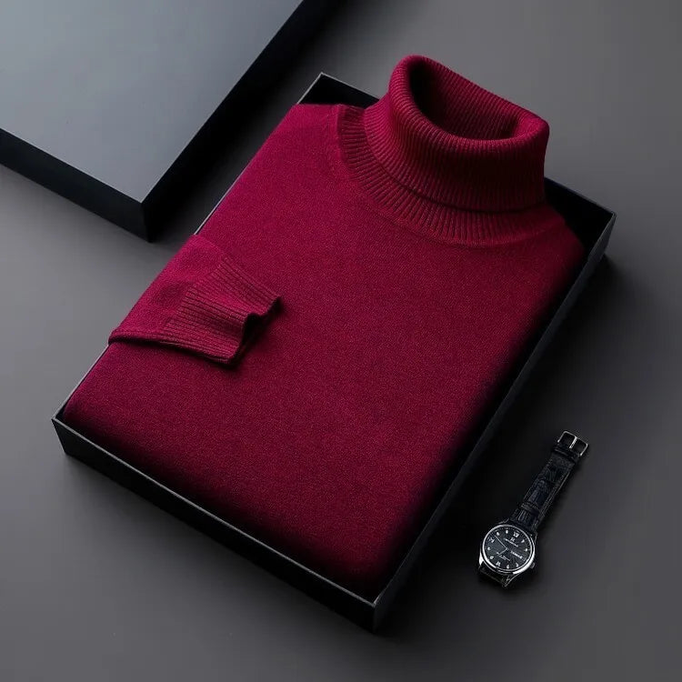 Men's roll neck sweater with ribbed collar and cuffs folded in a presentation box