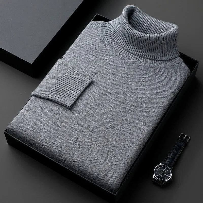 Men's roll neck sweater with ribbed collar and cuffs folded in a presentation box