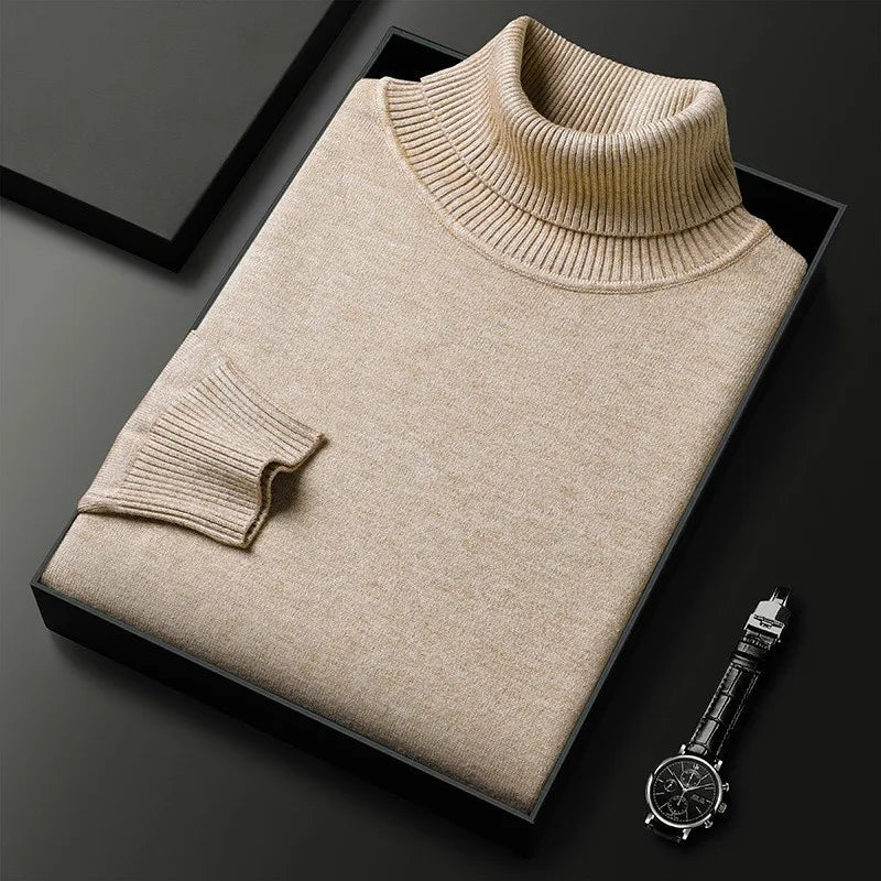 Men's roll neck sweater with ribbed collar and cuffs folded in a presentation box