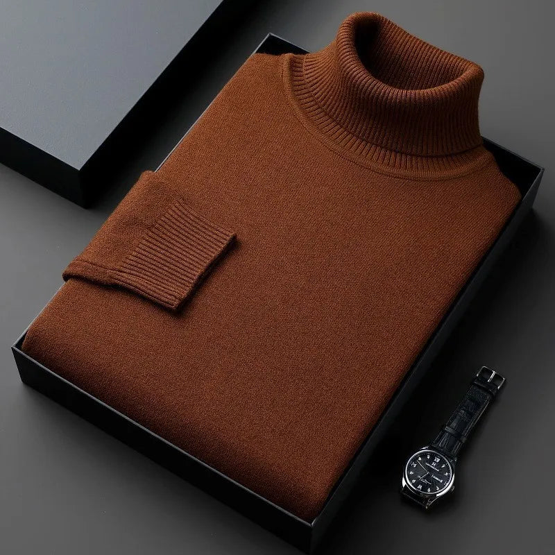 Men's roll neck sweater with ribbed collar and cuffs folded in a presentation box