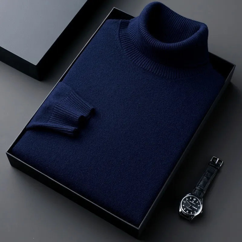 Men's roll neck sweater with ribbed collar and cuffs folded in a presentation box