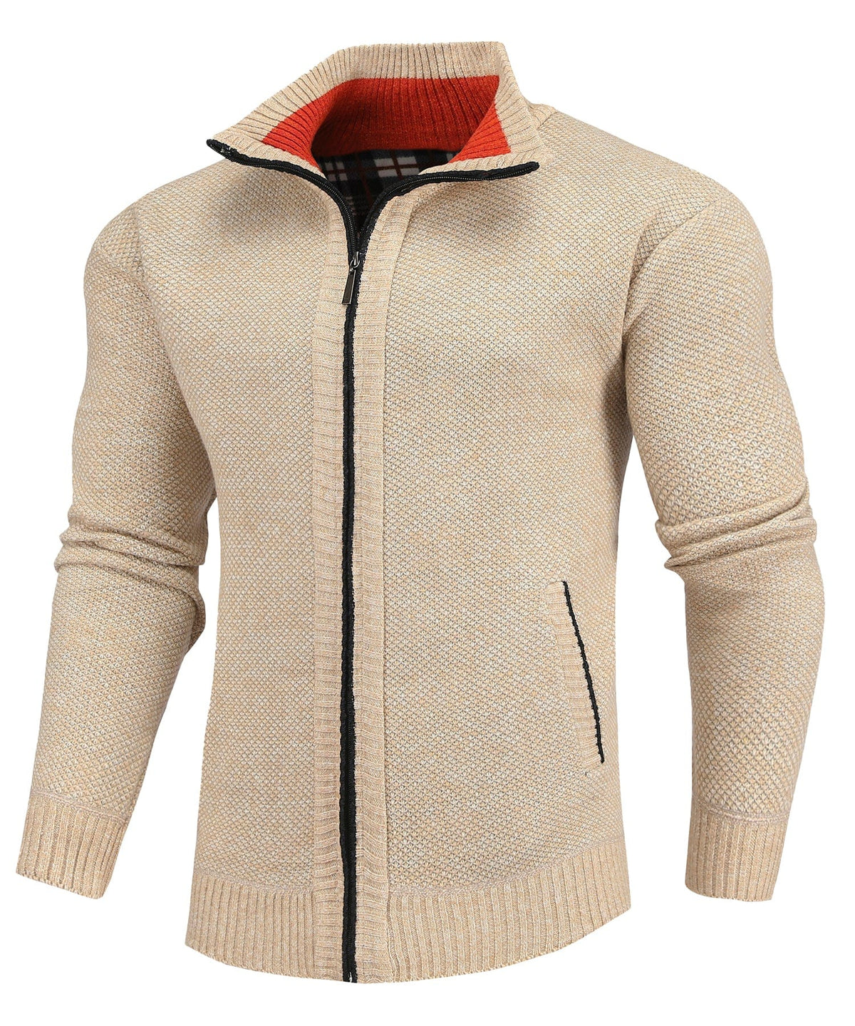 Men's textured knitted sweater jacket with mock neck, front zip and welt pockets