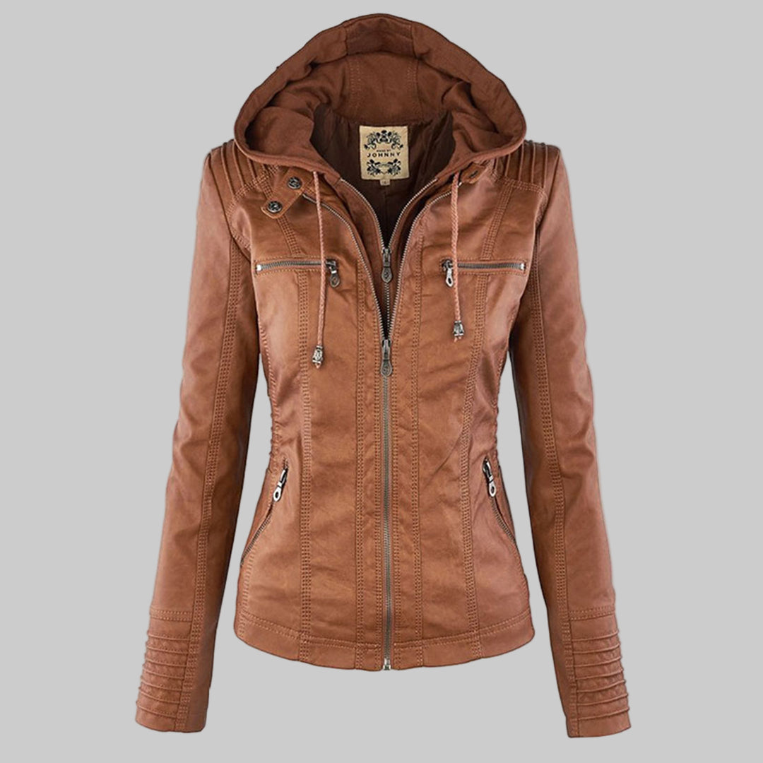 Women's hooded moto jacket with long sleeves, front zip and multiple zipped pockets