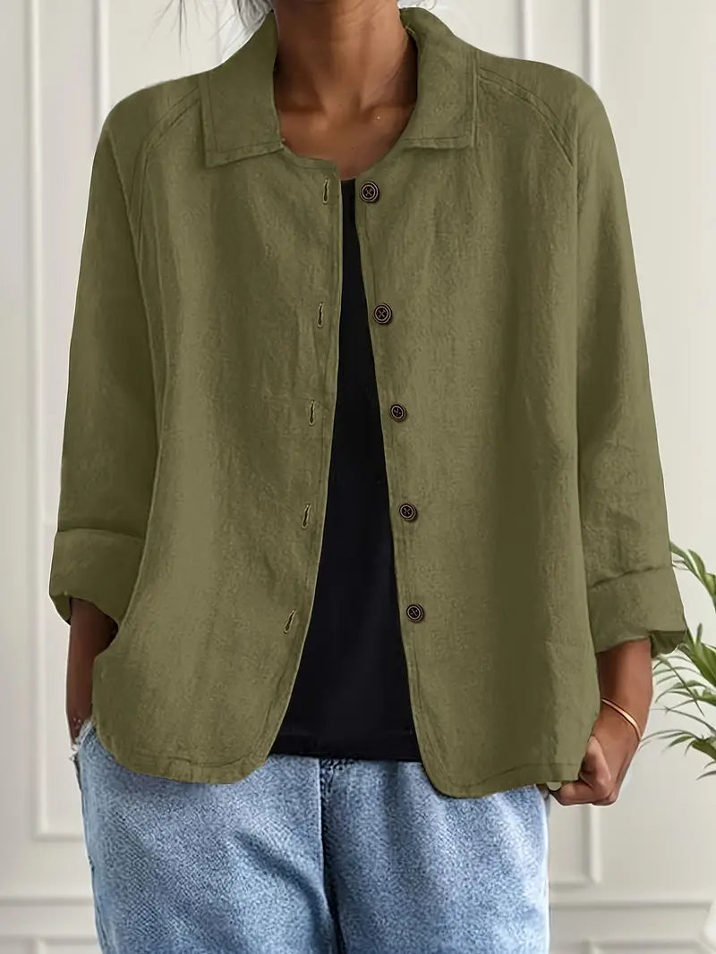 Women's button front collared jacket with long sleeves and rounded hem