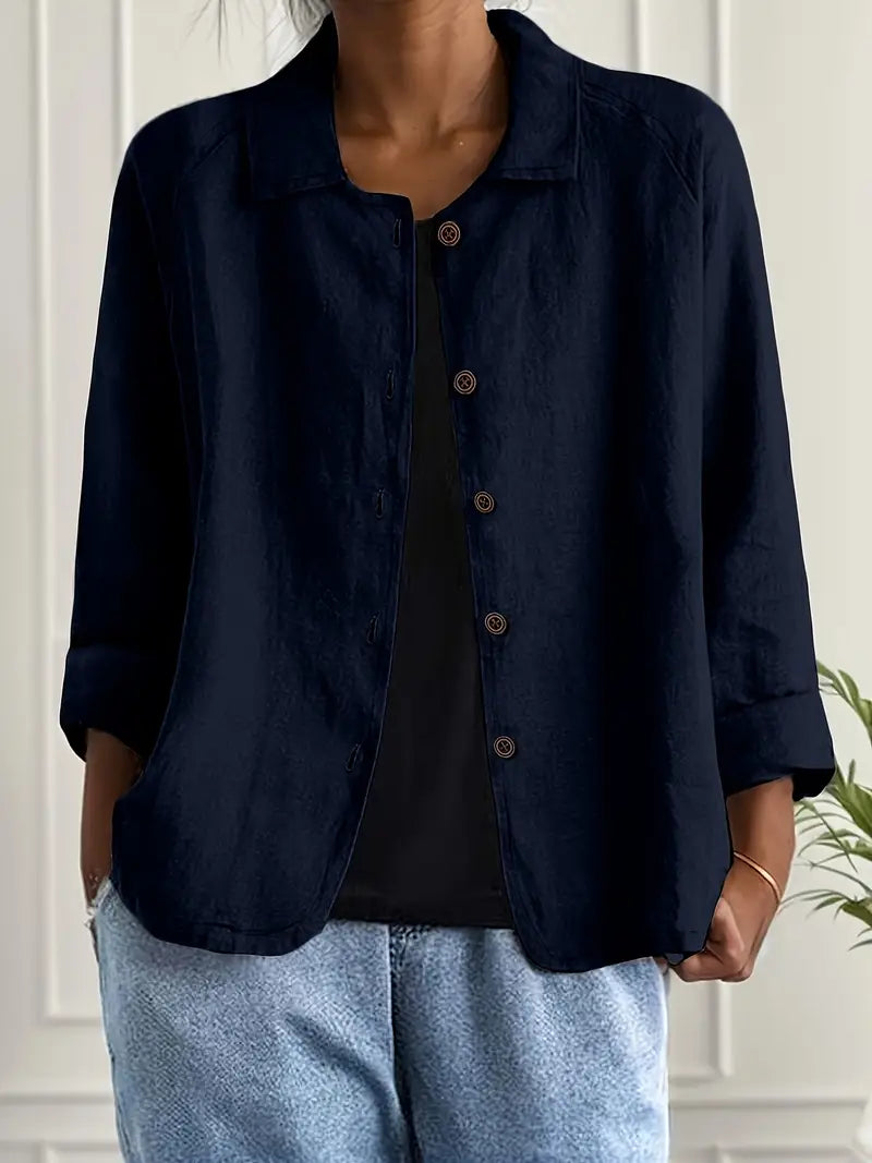 Women's button front collared jacket with long sleeves and rounded hem