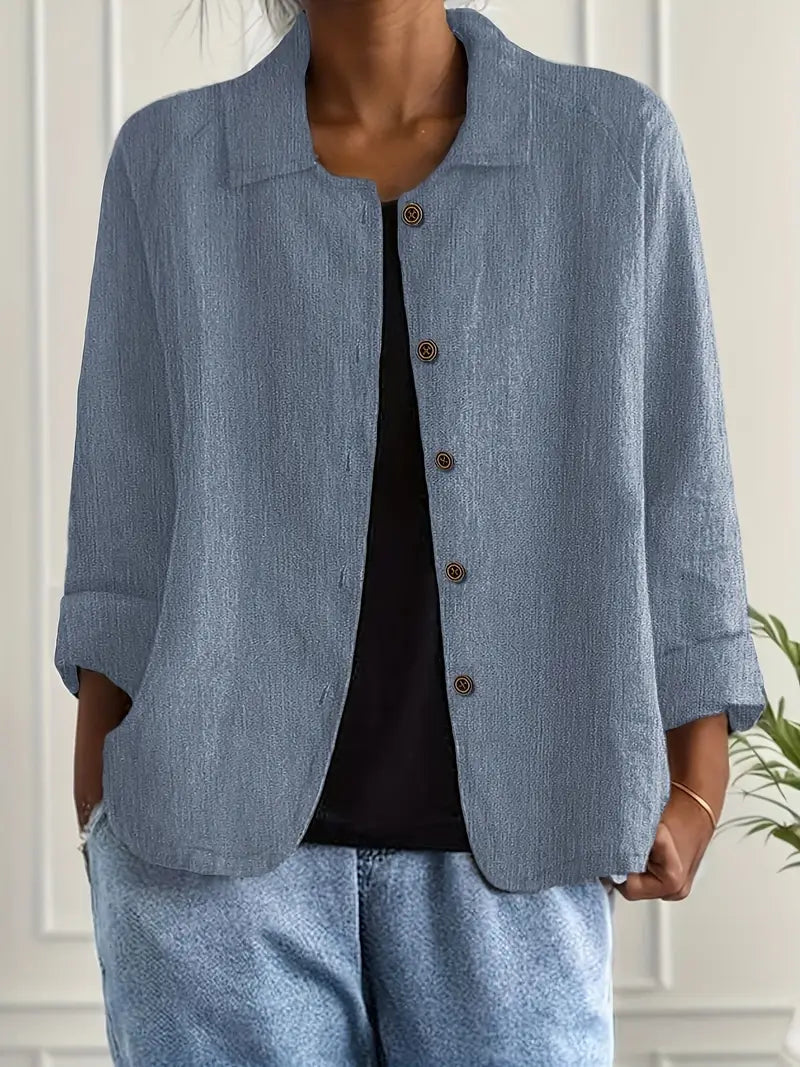 Women's button front collared jacket with long sleeves and rounded hem
