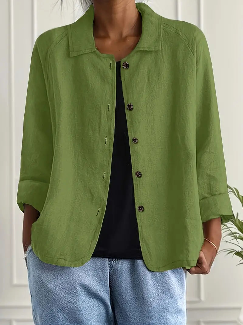Women's button front collared jacket with long sleeves and rounded hem