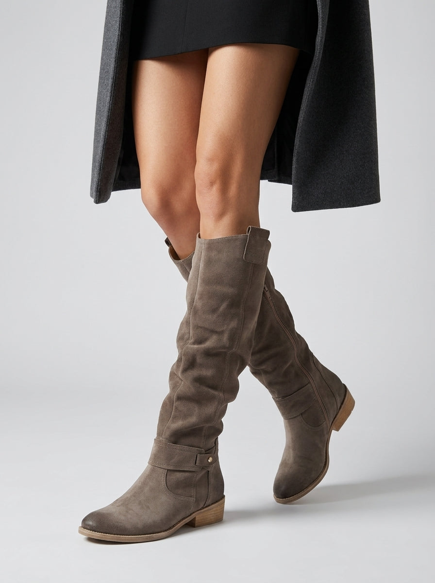 Women's knee-high slouch boots with buckle straps, side zip and low block heels