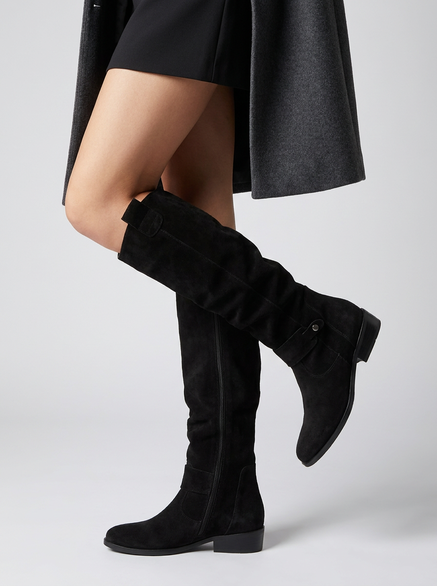 Women's knee-high slouch boots with buckle straps, side zip and low block heels