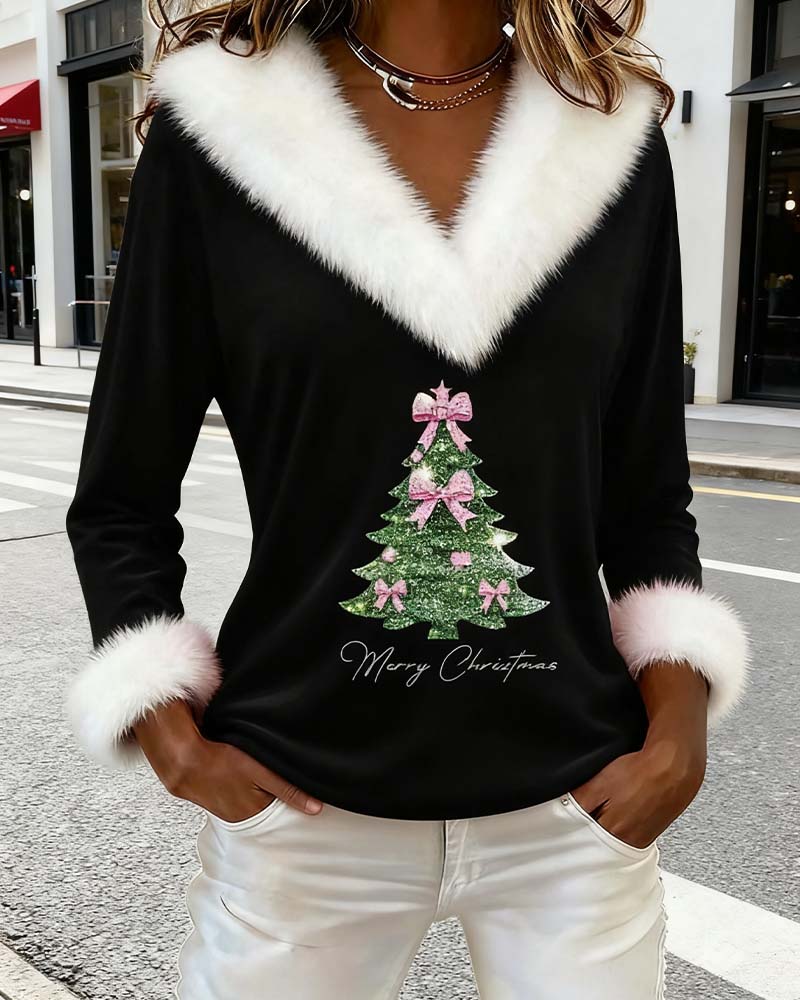 Women's V-neck Christmas jumper with fur trim and tree graphic